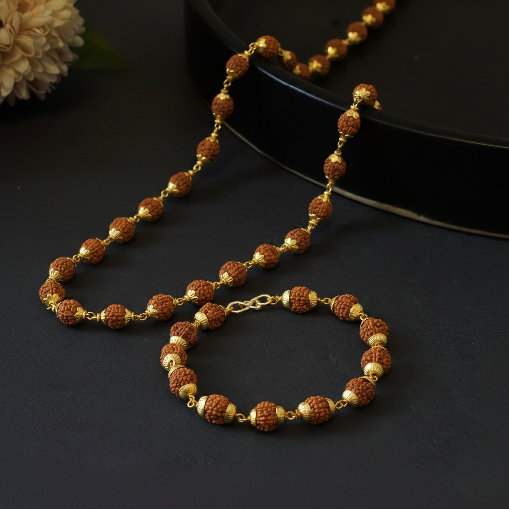 Gold Plated Rudraksha Mala + Rudraksha Bracelet Combo For Men