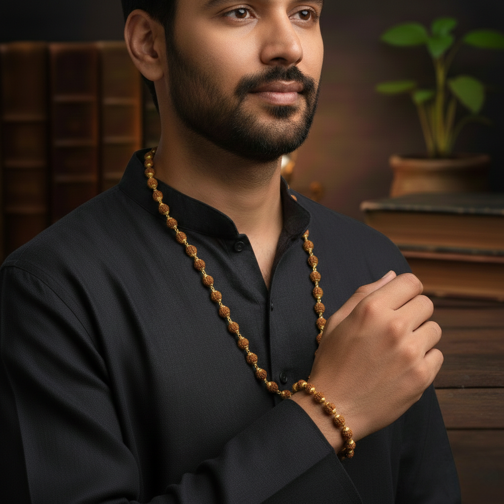 Gold Plated Rudraksha Mala + Rudraksha Bracelet Combo For Men - Image 2