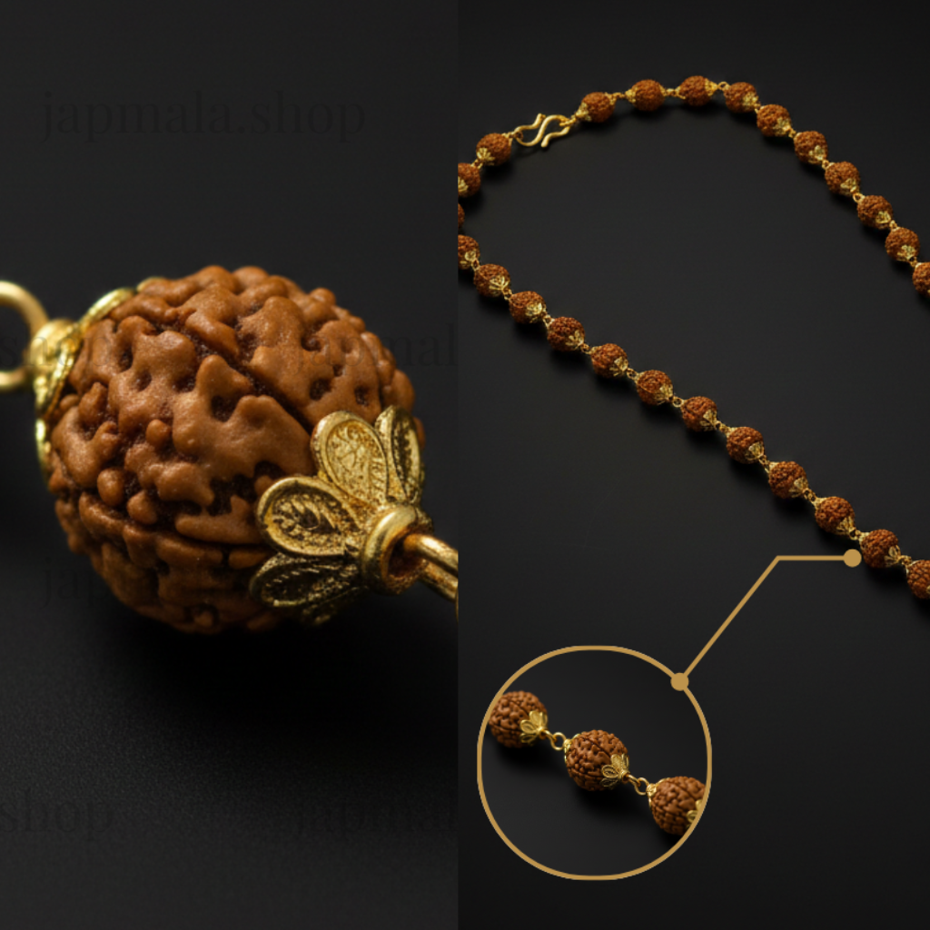 Gold Plated Rudraksha Mala + Rudraksha Bracelet Combo For Men - Image 4