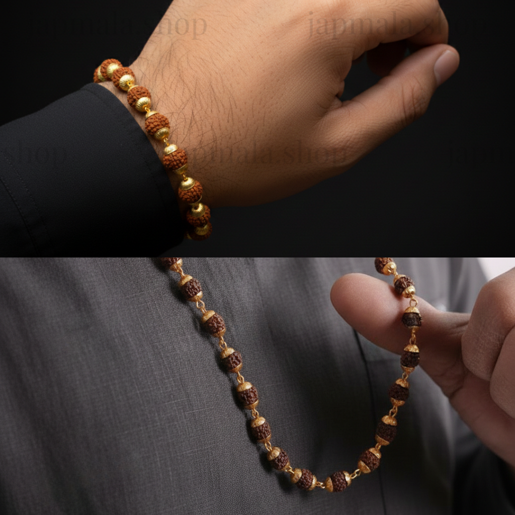 Gold Plated Rudraksha Mala + Rudraksha Bracelet Combo For Men - Image 3