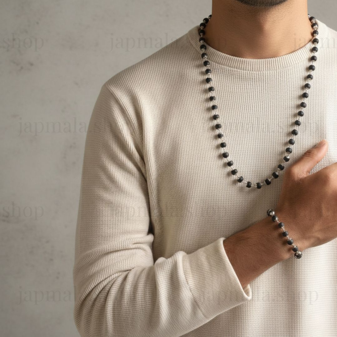 Silver Plated Karungali Mala + Karungali Bracelet Combo For Men - Image 3