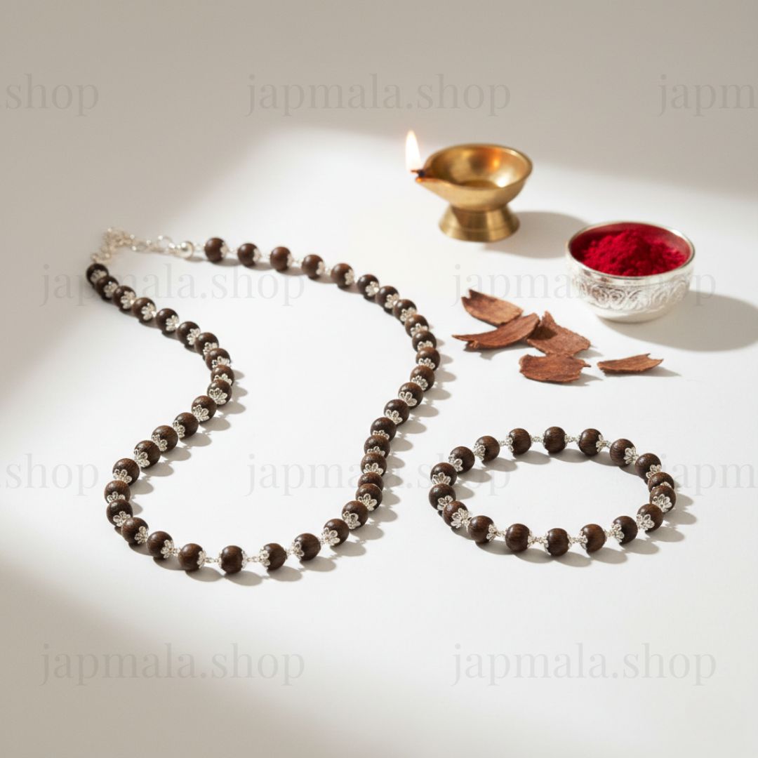 Silver Plated Karungali Mala + Karungali Bracelet Combo For Men