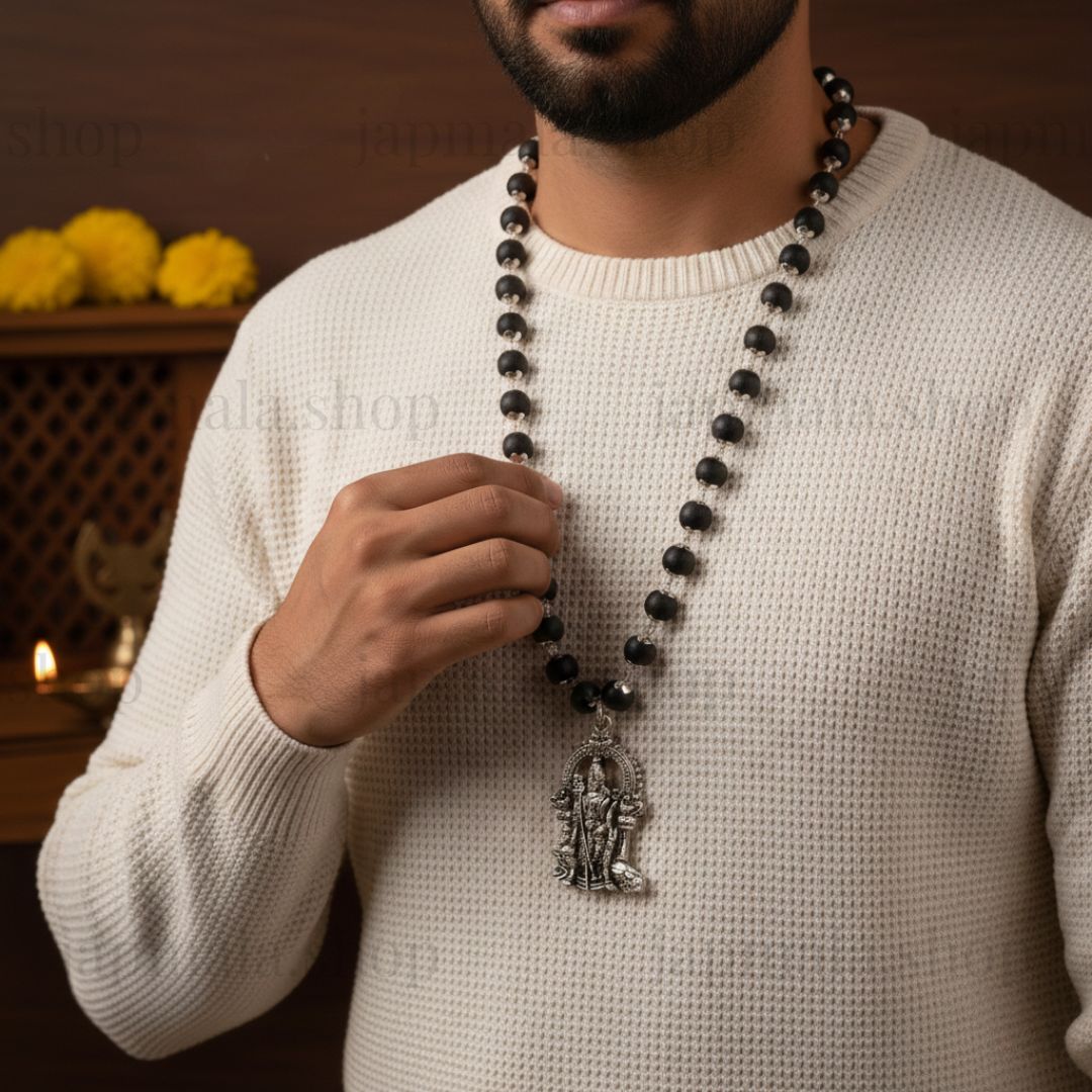 Silver Plated Karungali Necklace with Murugan Pendant