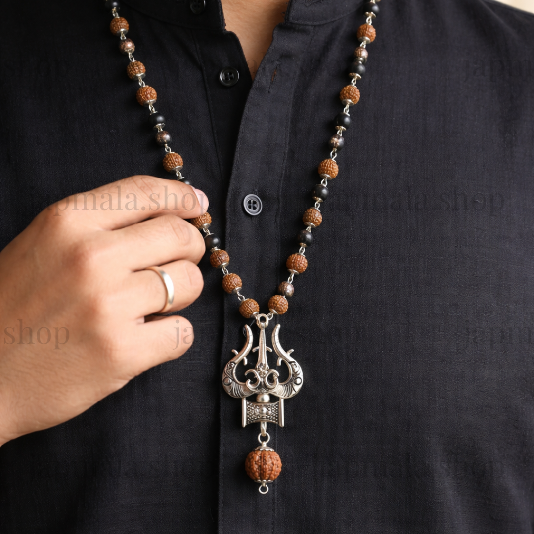 Silver Plated Rudraksha & Karungali Mala with Trishul Pendant - Image 2