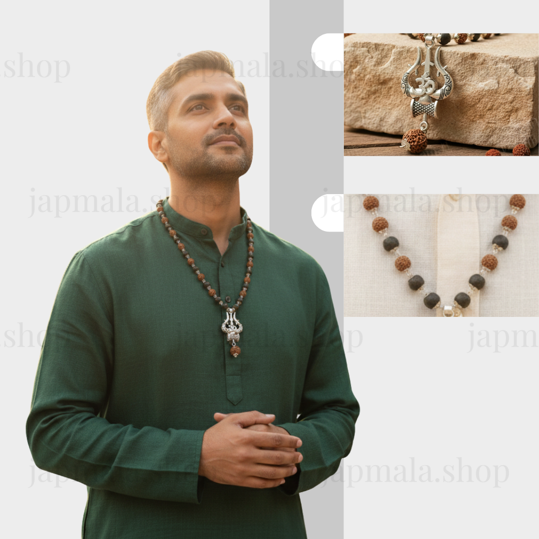 Silver Plated Rudraksha & Karungali Mala with Trishul Pendant - Image 4