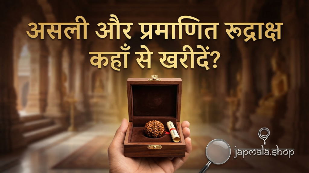 Japmala shop से असली और प्रमाणित रुद्राक्ष का सर्टिफाइड बॉक्स हाथ में पकड़े हुए