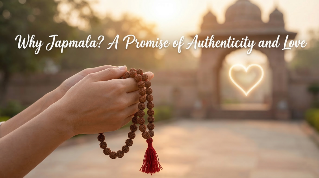 Hands holding a pure 108 bead mala with a glowing heart representing authentic devotion