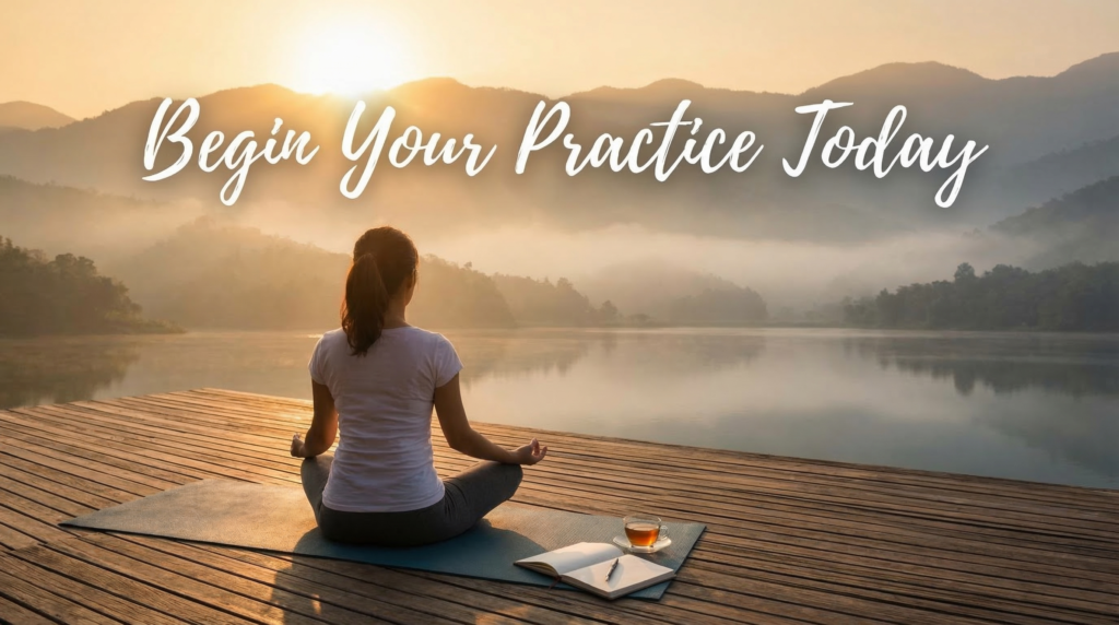 Woman meditating peacefully on a wooden deck by a lake at sunrise to begin her daily spiritual practice