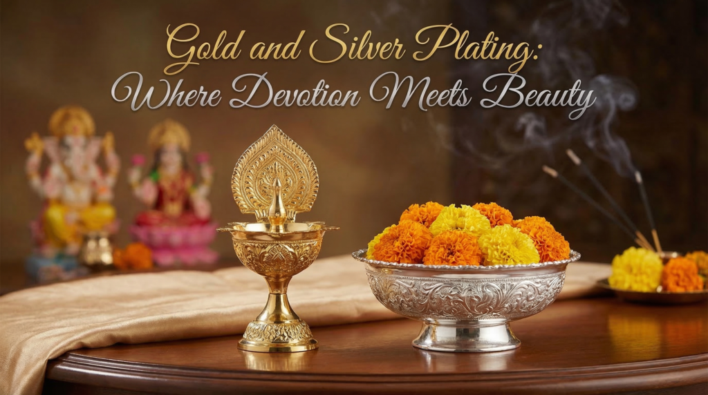 Gold plated brass lamp and silver bowl with flowers representing devotion and beauty in spiritual jewelry