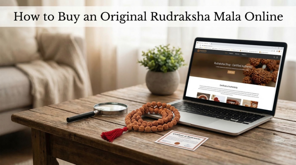Laptop showing the Japmala shop website with a certificate of authenticity to buy an original rudraksha mala online