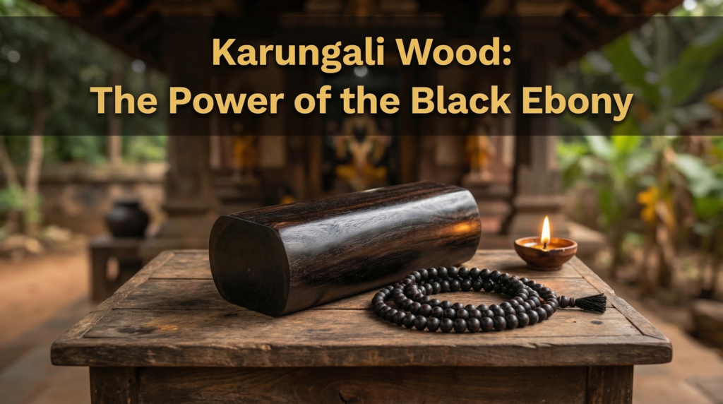 Raw Karungali black ebony wood log next to a handcrafted Karungali mala for protection