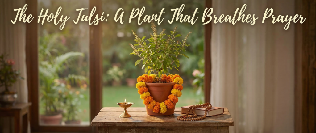 Sacred Tulsi plant in a pot decorated with marigold flowers and a spiritual mala