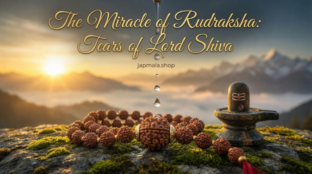 Water drop falling on an authentic 5 Mukhi Rudraksha bead next to a Shiva Lingam