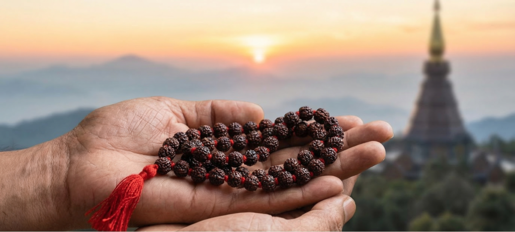 Hands holding an authentic Japmala for chanting mantras and spiritual practice