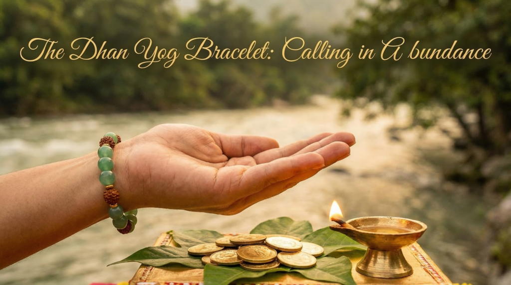 Person wearing a green Dhan Yog prosperity bracelet with gold coins and a lit diya