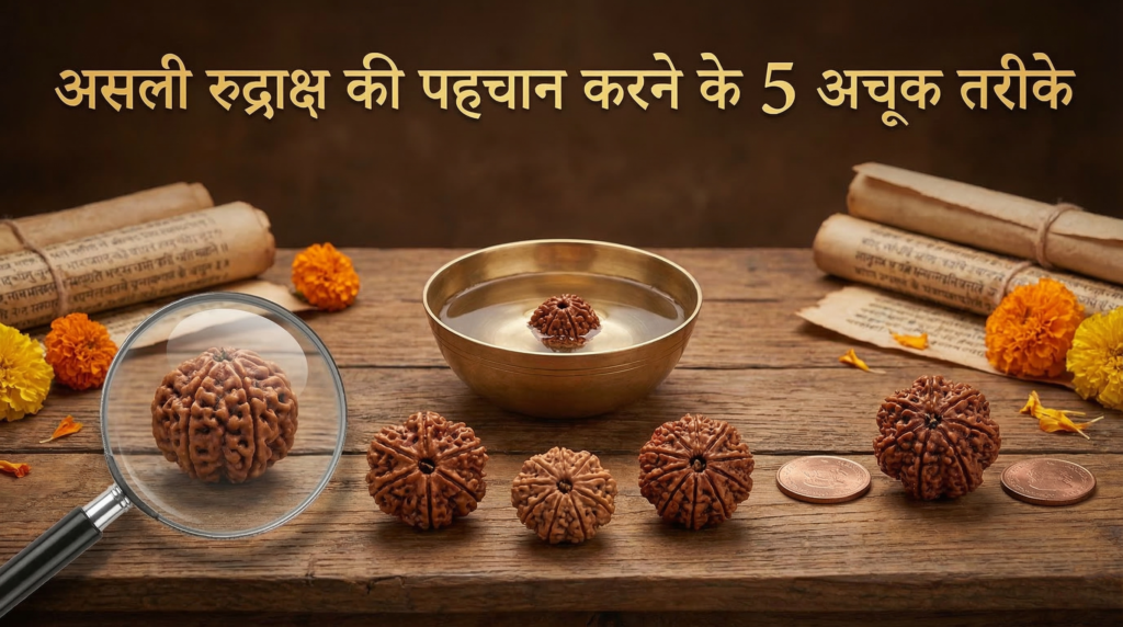 Asli Rudraksha Ki Pehchan करने के लिए पानी का टेस्ट और मैग्निफाइंग ग्लास से जांच करते हुए