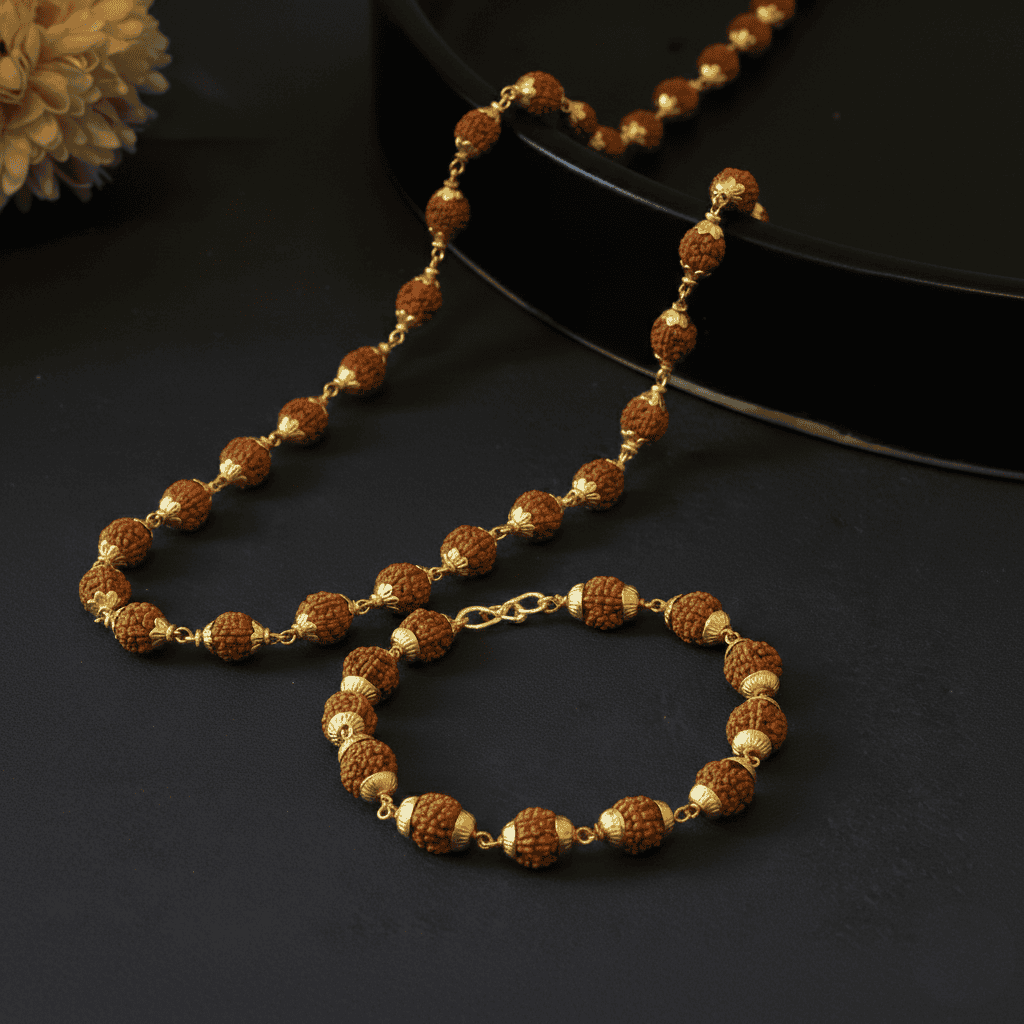Gold plated Rudraksha mala and bracelet combo for men
