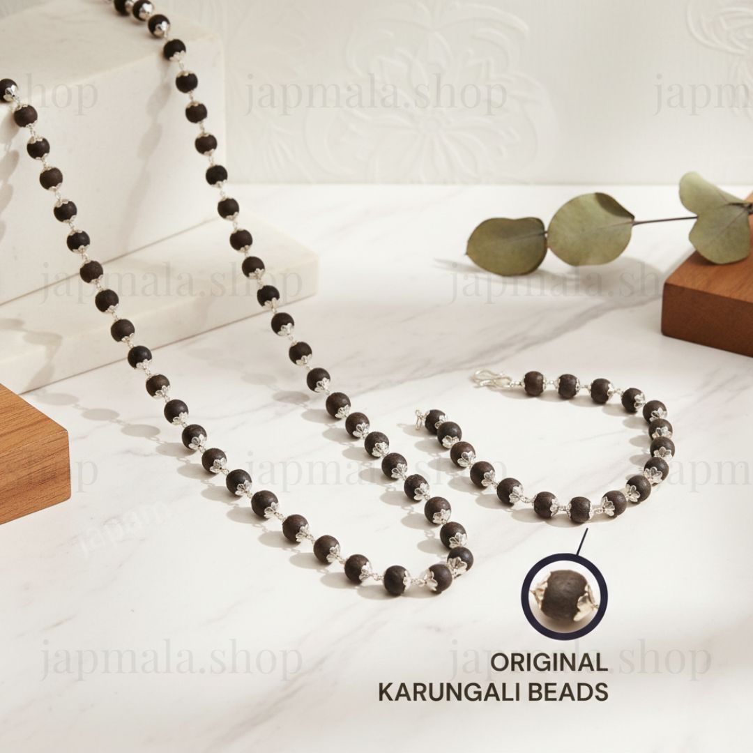 Silver Plated Karungali Mala + Karungali Bracelet Combo For Men