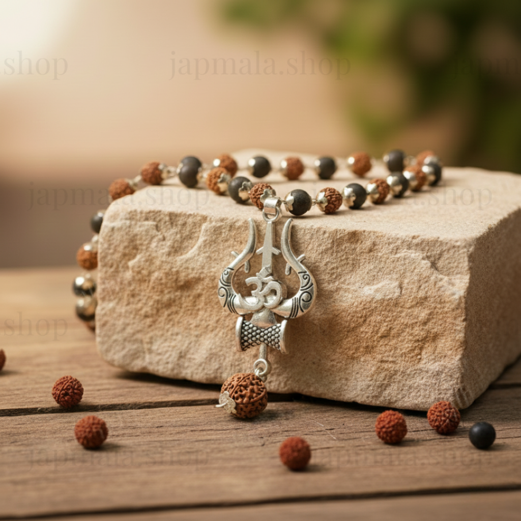 Silver plated Rudraksha and Karungali mala with Trishul pendant